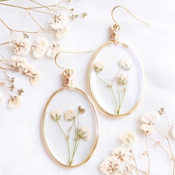 White Baby's Breath Flower Resin Earrings, Real Dried Wildflower Dainty Gold Ovals, Botanical Jewelry, Plant Lover Christmas Gift For Her