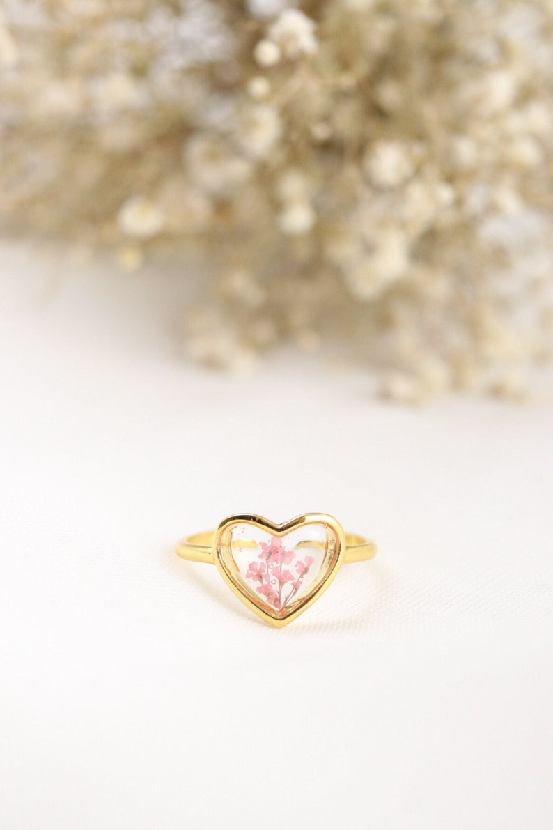 The Cora Botanical heart ring, Adjustable sterling silver ring, 24k Gold plated ring, Pink lace wildflower ring, Resin statement ring image 1