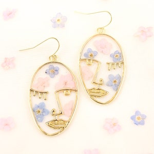 Cotton Candy Girl Pressed flower earrings, Pink and blue flower earrings, Face earrings, Wildflower earrings, Forget-me-not earrings image 4