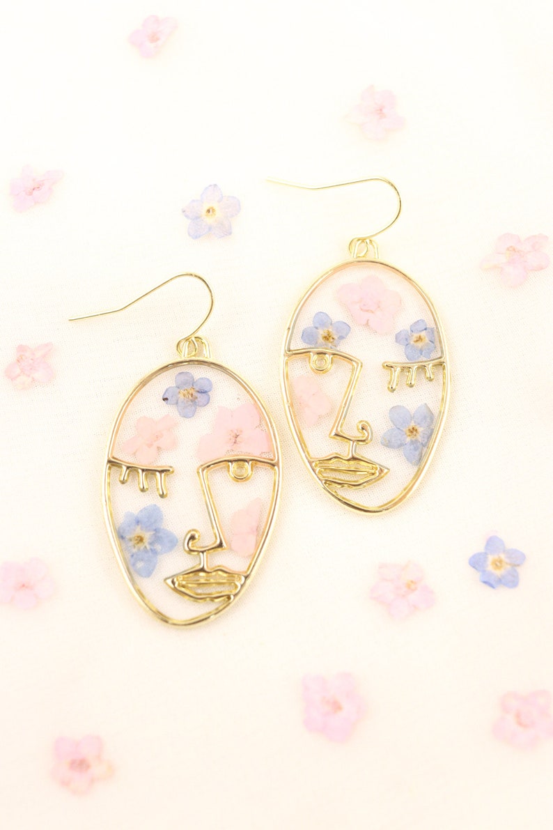 Cotton Candy Girl Pressed flower earrings, Pink and blue flower earrings, Face earrings, Wildflower earrings, Forget-me-not earrings image 4