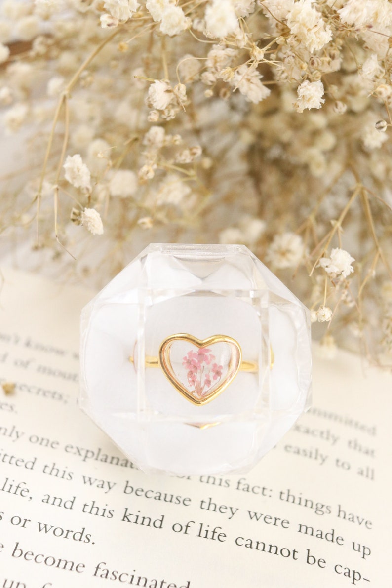 The Cora Botanical heart ring, Adjustable sterling silver ring, 24k Gold plated ring, Pink lace wildflower ring, Resin statement ring image 3