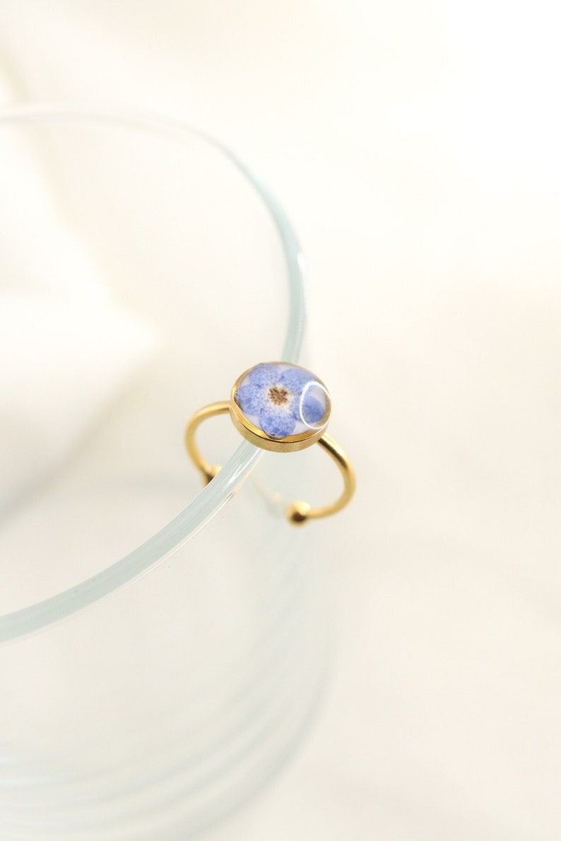 Forget Me Not Wildflower Resin Ring, Adjustable Blue Pressed Flower Ring, Blue Blossom Botanical Ring Christmas Gift For Her image 2