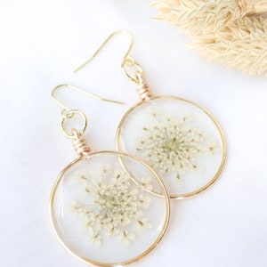Botanical Round Resin Earrings: White Queen Ann's Lace Flowers, 14k Gold Plated