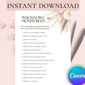 Who Knows Mommy Best? Baby Shower Games Printable Customizable Canva Template DIY Print at Home Game Digital
