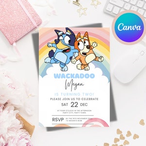 Wackadoo Bluey Second Birthday Party Invitation Digital Invite Canva Template Editable Printable Bluey Twoey Rainbow 2nd Birthday