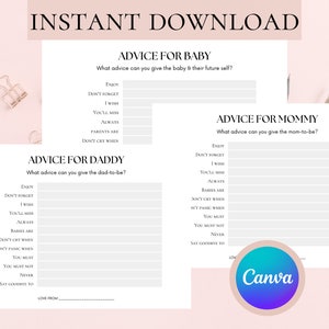 Paquete de tarjetas de consejos Consejos para el baby shower para la futura mamá, el futuro papá, consejos para el bebé, consejos de plantilla de Canva editables e imprimibles para padres