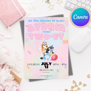 Bluey Twoey Birthday Party Invitation Printable Invite Digital Invite Canva Template Girl Birthday Bluey Two-ey theme