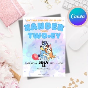 Bluey Twoey Boys Birthday Invitation Printable Digital Invite Canva Template Boy Two-ey Editable PDF Print at Home Blue Boy Party Pastel