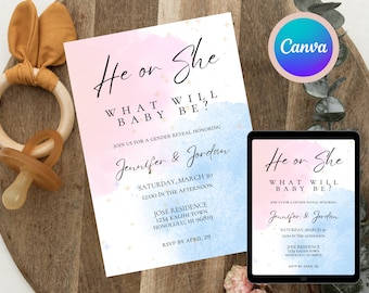 Pink or Blue Gender Reveal Invitation Template | He or She Neutral ...