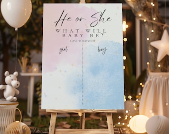 Gender Reveal Voting Sign Printable | Pink or Blue Baby Shower Game | Editable Canva