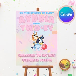 Letrero de bienvenida de Bluey Twoey para fiesta de cumpleaños, plantilla digital en lienzo pastel, imprimible, editable, para cumpleaños de niña, tema Two-ey, para imprimir en casa, póster en PDF