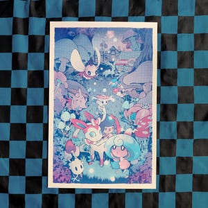 May include: A colorful illustration featuring various cartoon creatures in a forest setting. The artwork is predominantly blue, purple, and pink, with detailed depictions of plants, mushrooms, and whimsical characters. The style is reminiscent of a fantasy or video game aesthetic.