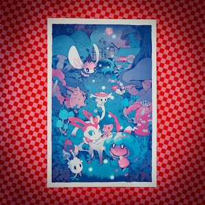 May include: A rectangular art print featuring a vibrant, blue-toned forest scene populated by various stylized creatures. The illustration includes pink and white characters, large mushrooms, glowing light orbs, and a small building in the background.