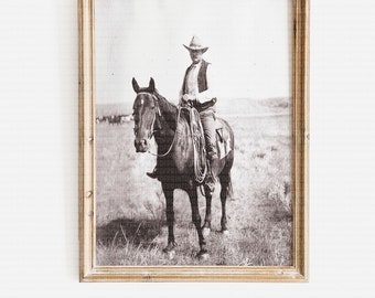 1900s Cowboy Riding Horse, Western Cowboy Photo, Group Portrait, Printable Wall Art, Instant Digital Download, JPG Photo, Old Photo