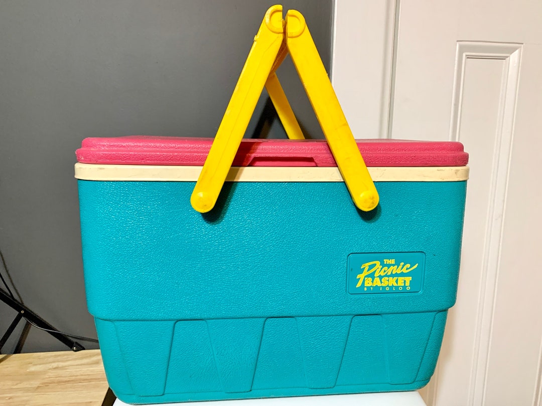 1989 Vintage Igloo the Picnic Basket Ice Chest Cooler, Teal Pink Yellow