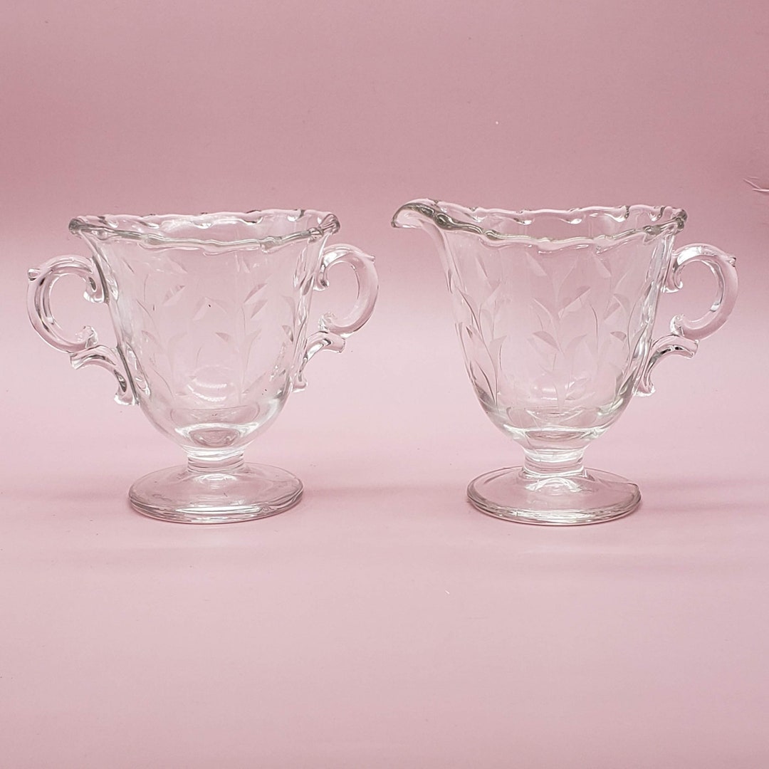 Set of 2 Vintage Cream and Sugar Set Clear Etched Glass Etsy