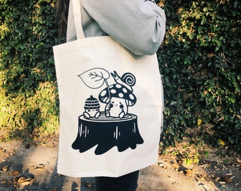 Cottagecore Mushroom, Acorn, and Snail 100% Cotton Canvas Eco Tote Bag and Makeup/Travel/Stationary Pouch | Reusable bag