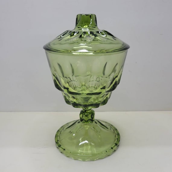 Vintage Green Candy Dish With Lid Thumbprint 8.5 Tall Etsy