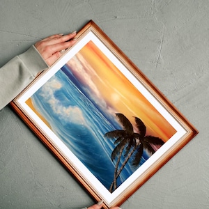 Hand painted Tropical beach sunset - Print of original oil painting artwork, wall decor