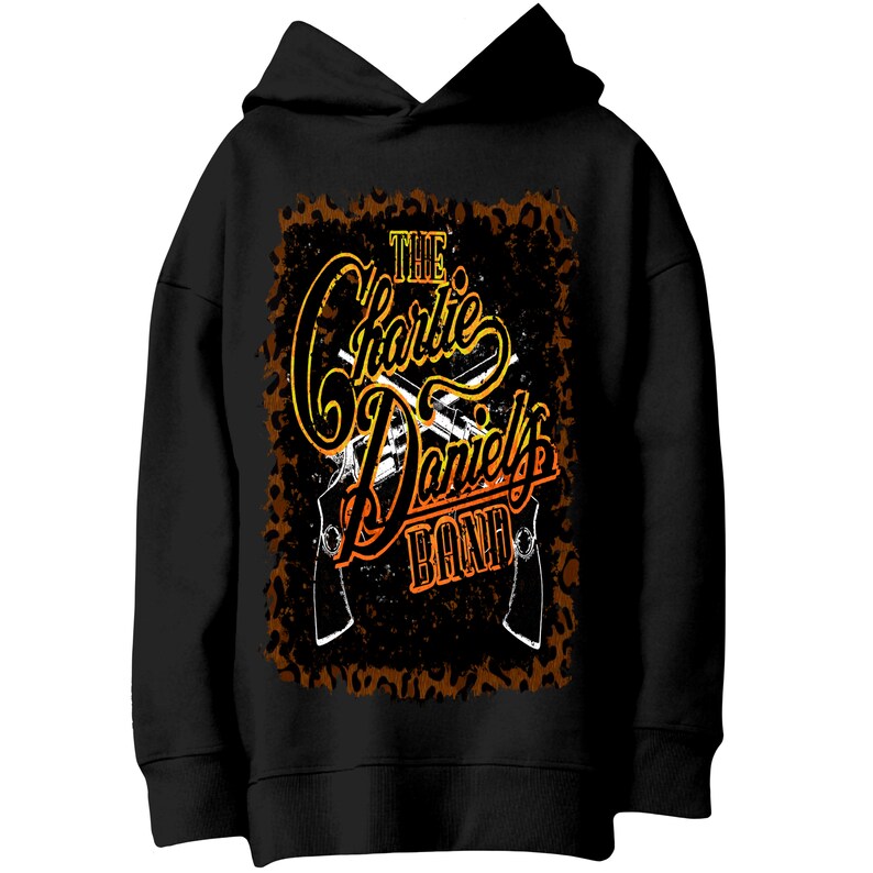 May include: Black hoodie with a graphic print of two guns crossed over the text "The Charlie Daniels Band" in orange and yellow lettering on a brown leopard print background.