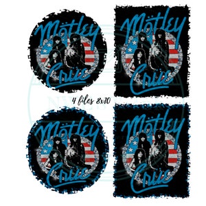 Może przedstawiać: Cztery cyfrowe obrazy logo zespołu z tekstem "Motley Crue" w kółku z wzorem amerykańskiej flagi. Członkowie zespołu są sylwetkami w kółku.