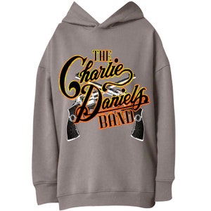 May include: Gray hooded sweatshirt with a graphic print of two crossed pistols and the text "THE Charlie Daniels BAND" in black and orange.