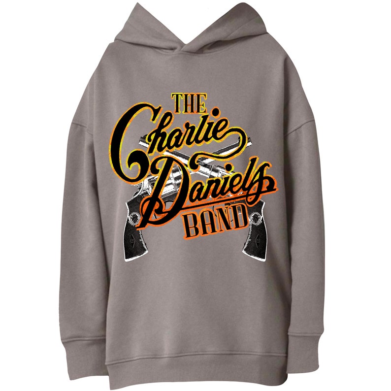 May include: Gray hooded sweatshirt with a graphic print of two crossed pistols and the text "THE Charlie Daniels BAND" in black and orange.