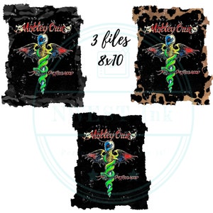 May include: Three digital sublimation designs featuring a black and white image of a snake with wings and the text "Motley Crue" in a distressed font. The designs are on a black background with a distressed, ripped edge.