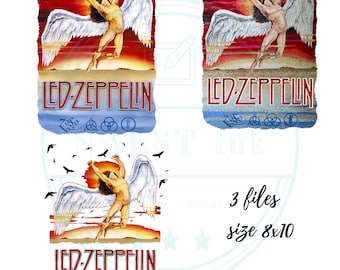 Può includere: Tre immagini digitali della copertina dell'album "Houses of the Holy" dei Led Zeppelin. La copertina dell'album presenta un uomo nudo con le ali in piedi su una spiaggia con un tramonto sullo sfondo. Il testo "LED-ZEPPELIN" è stampato in lettere rosse e bianche nella parte inferiore dell'immagine. Il logo della band è stampato sotto il testo. Le immagini misurano 20,32 x 25,4 cm.