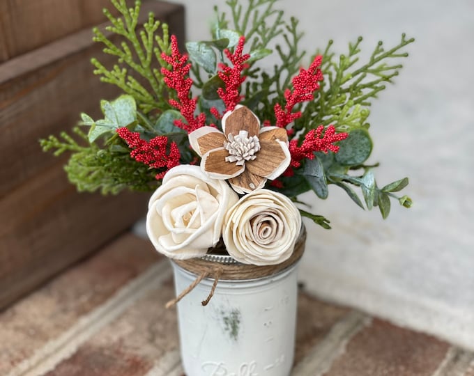 Christmas Wood Flowers 1/2 pint - Rustic Christmas Decor, Farmhouse Christmas Decor, Faux Flower Arrangement, Holiday Faux Flower, Sola Wood