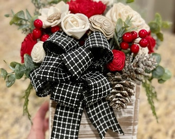 Christmas Cheer Wood Flowers - Rustic Christmas Decor, Farmhouse Christmas Decor, Faux Flower Arrangement, Holiday Faux Flowers, Sola Wood