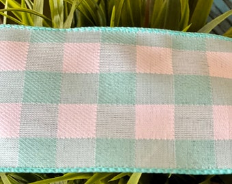Spring Ribbon - Wired Buffalo Plaid Aqua & White Ribbon, Easter Ribbon, Wired Ribbon, Make your own bow, 5 yards, 10 yards