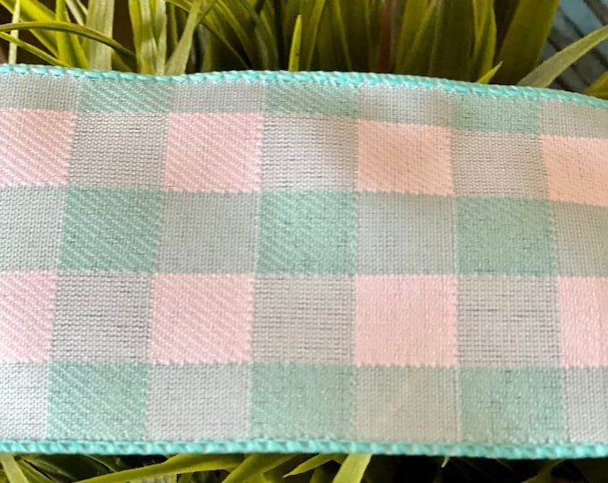 Spring Ribbon - Wired Buffalo Plaid Aqua & White Ribbon, Easter Ribbon, Wired Ribbon, Make your own bow, 5 yards, 10 yards