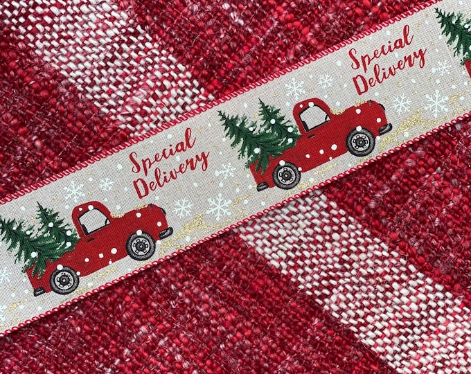 Red Truck Christmas Ribbon - Make your own bow, Christmas Ribbon, 5 yards, 10 yards