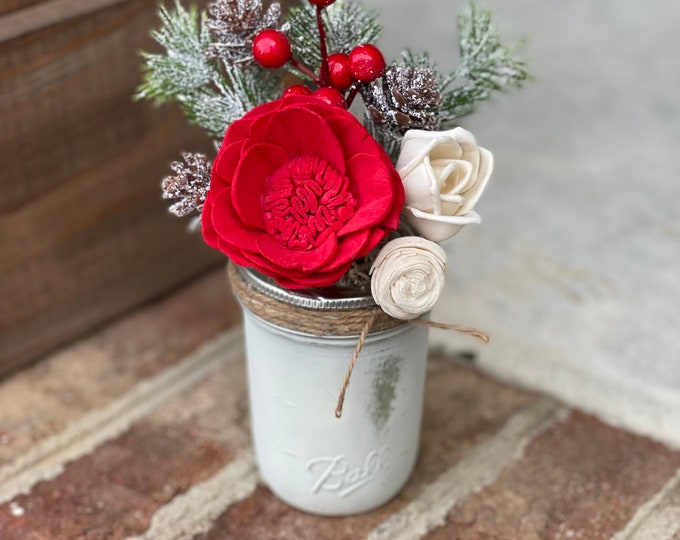 Christmas Wood Flowers 1/2 pint - Rustic Christmas Decor, Farmhouse Christmas Decor, Faux Flower Arrangement, Holiday Faux Flower, Sola Wood