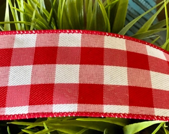 Spring or Summer Ribbon - Wired Buffalo Plaid Red and White Ribbon, Red Ribbon, Easter Ribbon, Make your own bow, 5 yards, 10 yards