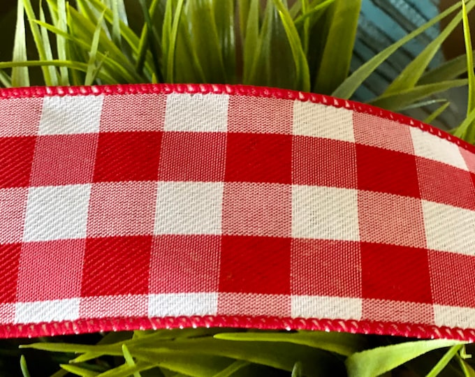 Spring or Summer Ribbon - Wired Buffalo Plaid Red and White Ribbon, Red Ribbon, Easter Ribbon, Make your own bow, 5 yards, 10 yards