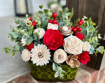 Christmas Cheer Wood Flowers - Rustic Christmas Decor, Farmhouse Christmas Decor, Faux Flower Arrangement, Holiday Faux Flowers, Sola Wood
