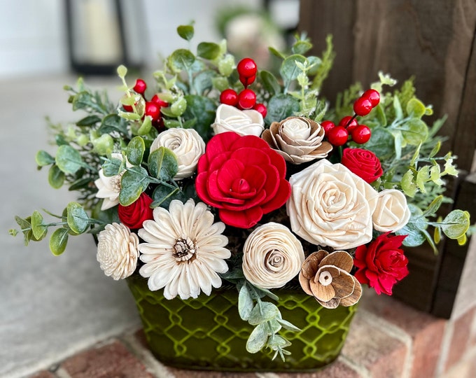 Christmas Cheer Wood Flowers - Rustic Christmas Decor, Farmhouse Christmas Decor, Faux Flower Arrangement, Holiday Faux Flowers, Sola Wood