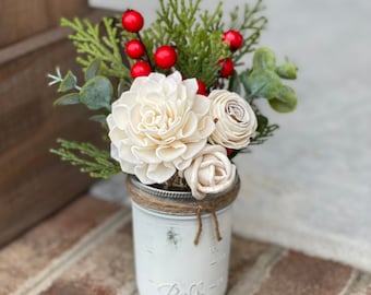 Ivory Christmas 1/2 pint - Rustic Christmas Decor, Farmhouse Christmas Decor, Faux Flower Arrangement, Holiday Faux Flowers, Sola Wood
