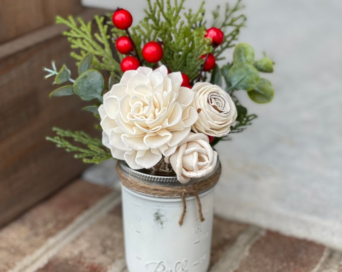 Ivory Christmas 1/2 pint - Rustic Christmas Decor, Farmhouse Christmas Decor, Faux Flower Arrangement, Holiday Faux Flowers, Sola Wood