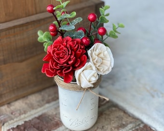 Christmas Cheer 1/2 pint - Rustic Christmas Decor, Farmhouse Christmas Decor, Faux Flower Arrangement, Holiday Faux Flowers, Sola Wood