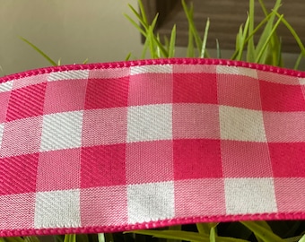 Spring Ribbon - Fuschia Checked Ribbon, Pink Ribbon, Easter Ribbon, Wired Ribbon, Make your own bow,  5 yards, 10 yards