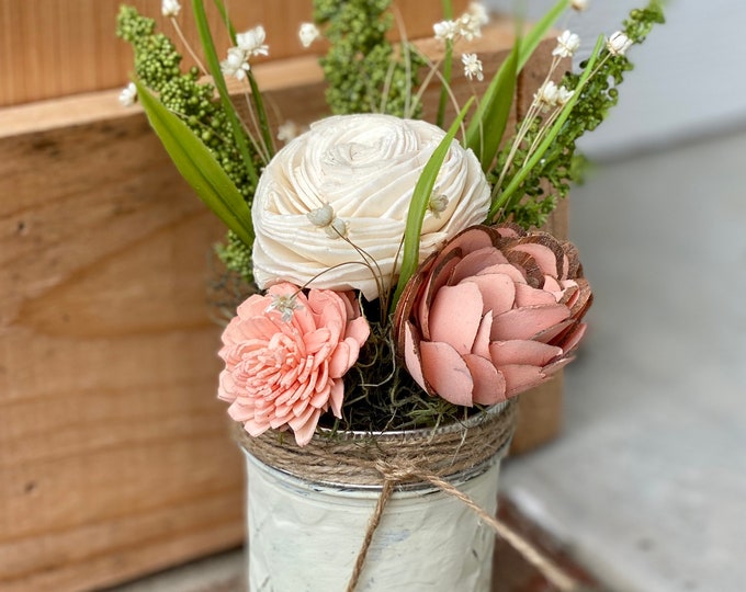 Simple Coral Wood Flower Arrangement in Painted Mason Jar Faux Flowers