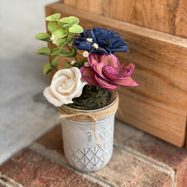 Burgundy & Blue Wood Sola Flowers - Sola Wood Flowers, Rustic Decor, Painted Mason Jar, Farmhouse Decor, Get Well Flowers, Faux Flowers