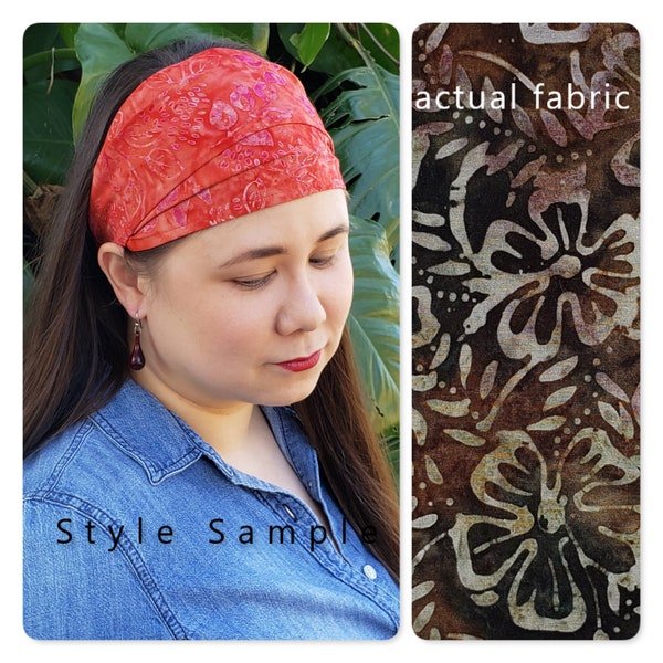BATIK headband, bandana - Brown/cream with a Hawaiian flower motif - Boho, Beach, Hippie, Casual, Pirate - Soft rayon