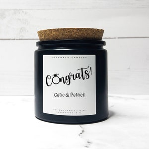 Personalized Engagement Soy Candle: Black Matte Jar, Wood Wick