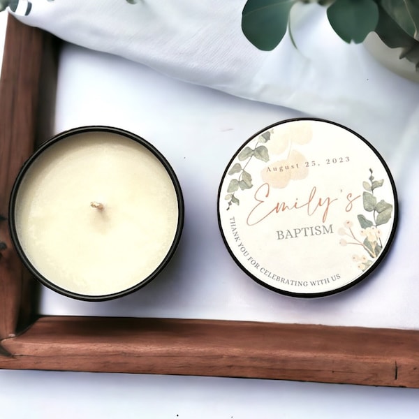 Personalized Baptism Candle Favors: Hand-Poured Soy Candle Tins, Set of 10
