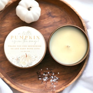 Fall Baby Shower Favors, Little Pumpkin on the way Baby Shower Favors, Set of 10 Tins, Personalized Baby Shower Gifts, Custom Candle Favors