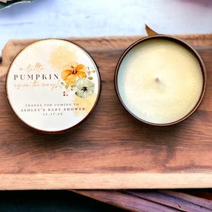 Fall Baby Shower Favors Little Pumpkin on the way Baby Shower Favors Set of 10 Tins Personalized Baby Shower Gifts Custom Candle Favors